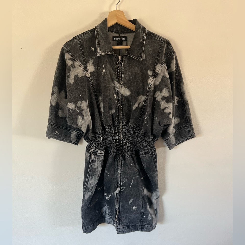 NWT Retrofete Carla Hematite Splatter Acid Wash Denim Full Zip Dress Size Large - Picture 2 of 11